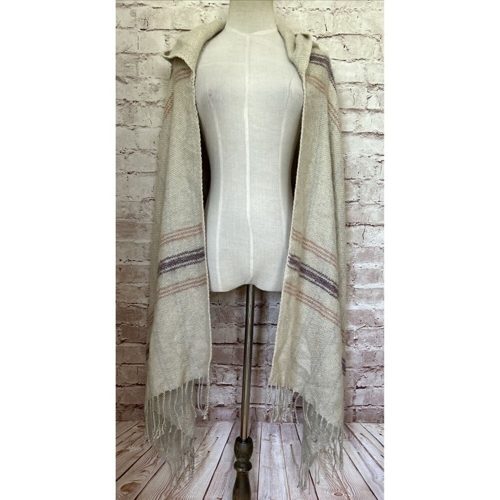 Jessica Simpson Acrylic Wrap Hooded Open Shawl Cardigan Fringe Beige - One Size